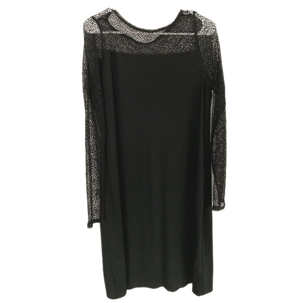 Eileen Fisher Dress Women M Blk Sheer Neck/Arm Mesh Bateau Shift Long Sleeve NWT